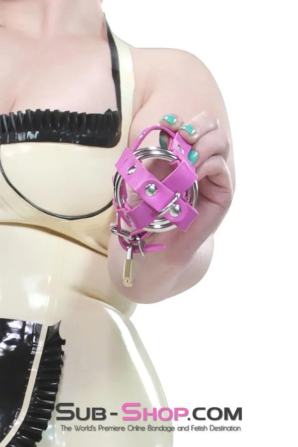 1461DL     Sissy’s Locking Leatherette Cock & Balls Cage with Lead Ring Tip