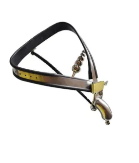6931AR Premium Steel Chastity Belt and Harness Set with Secure Lock and Attached Steel Anal Dildo
