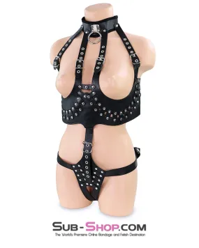 7243MQ      Riveting Slave Open Breast Leatherette Body Harness with Leash