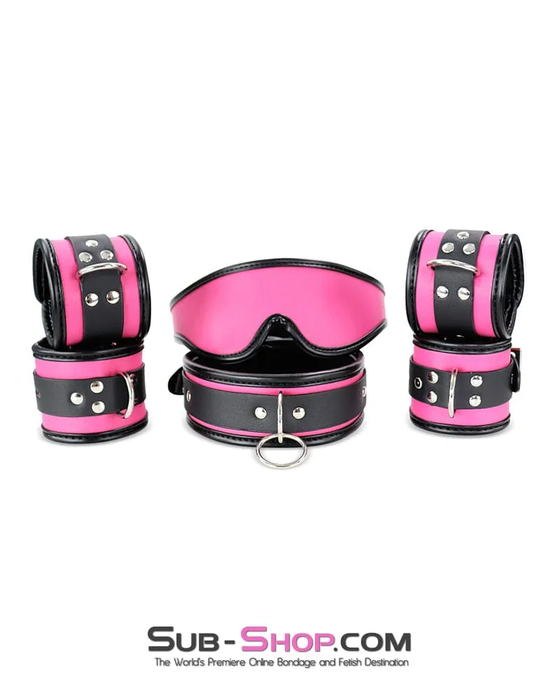 9995DL-SIS      Hot Pink Sissy 6 Piece Bondage Collar, Wrist Cuffs, Ankle Cuffs and Blindfold Set