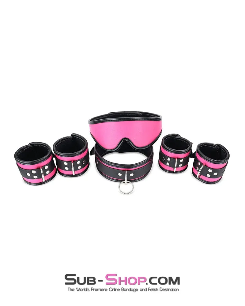 9995DL-SIS      Hot Pink Sissy 6 Piece Bondage Collar, Wrist Cuffs, Ankle Cuffs and Blindfold Set