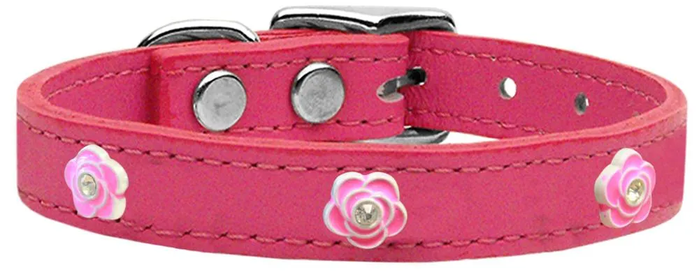 Bright Pink Rose Widget Genuine Leather Dog Collar Pink 12