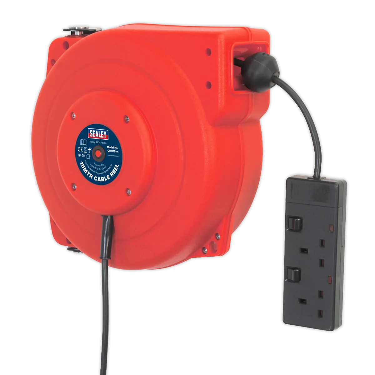 Cable Reel System Retractable 15m 2 x 230V Socket