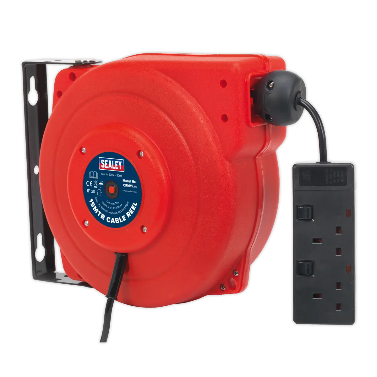 Cable Reel System Retractable 15m 2 x 230V Socket