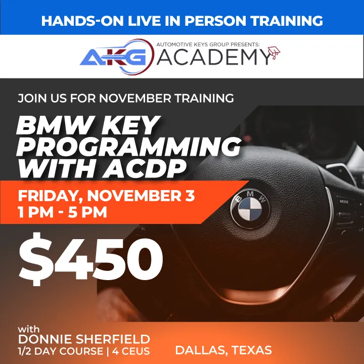Hands-On Live In-Person Training - BMW Key Programming With ACDP With Donnie Sherfield - 1/2 Day Course - 4 CEU's (November 3, 2023 - Dallas, Texas)