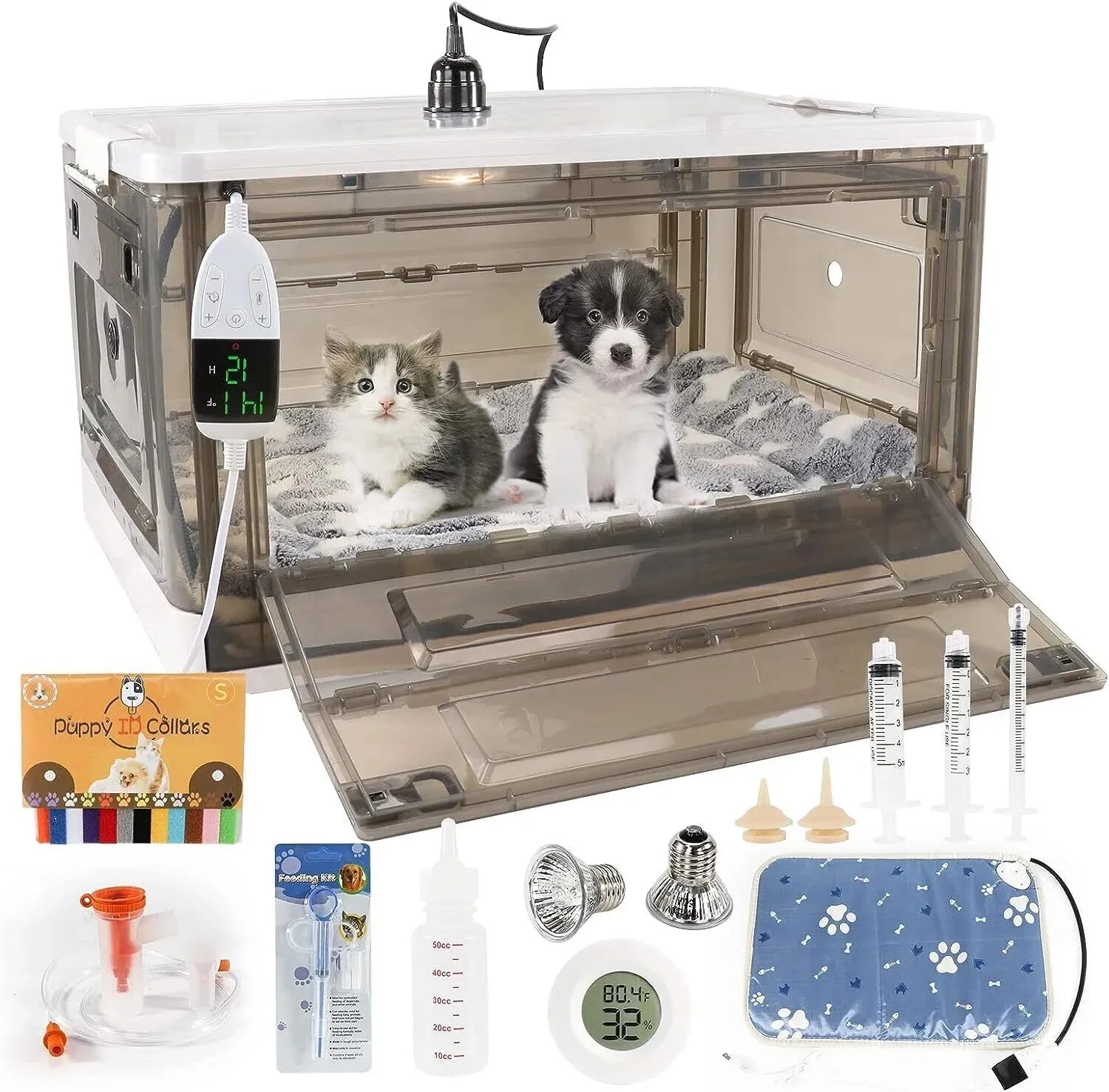 Pet Oxygen Cage and Puppy Incubator with Heating -  Incubator for Newborn Puppies and Kittens 
great for breeders and rescues.