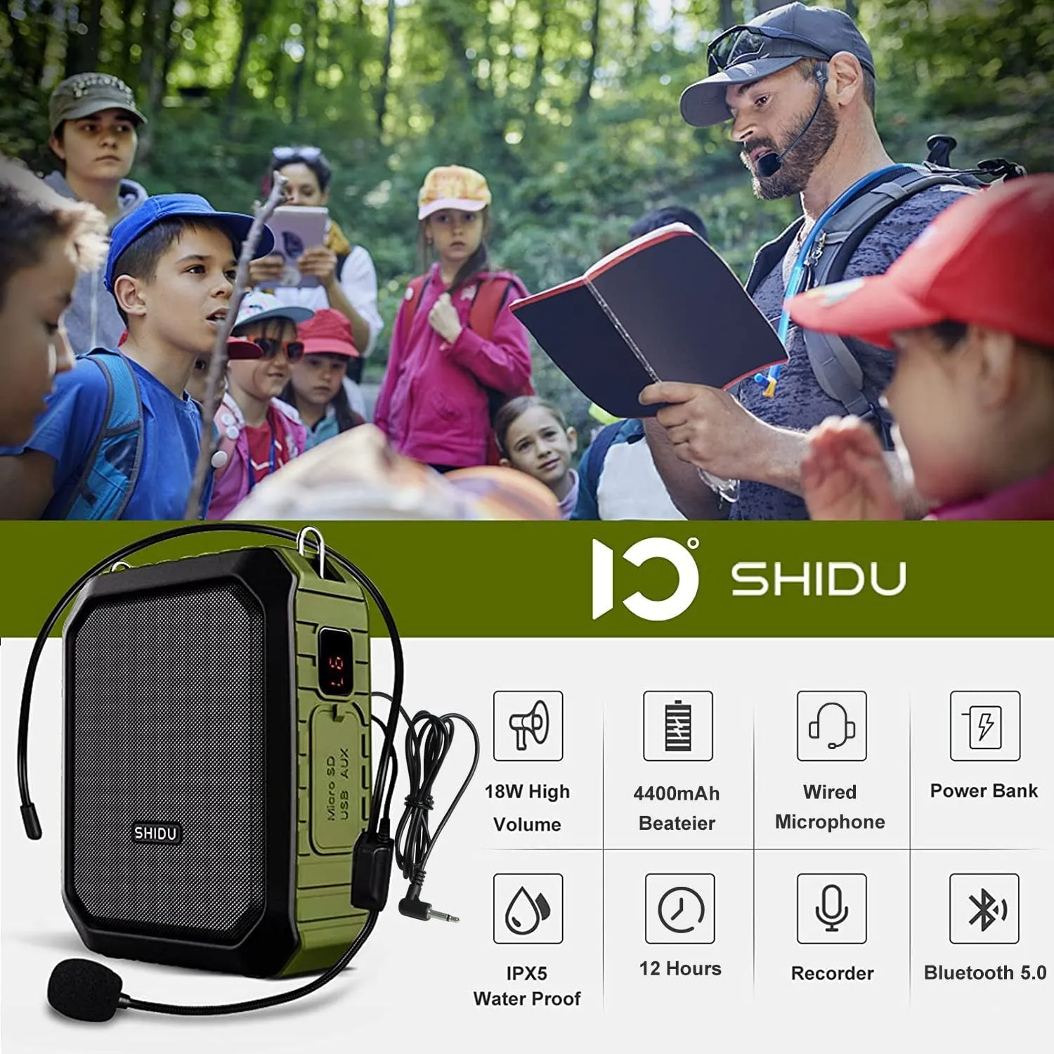 SHIDU Voice Amplifier for Teachers and Coaches18W Portable PA System Wired Mic Headset 4400Mah Rechargeable Battery (Working Time:12H) Bluetooth 5.0 & Waterproof Ipx5 for Teaching, Meeting,Speech