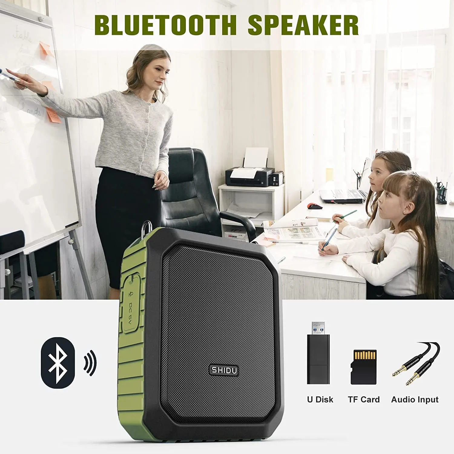SHIDU Voice Amplifier for Teachers and Coaches18W Portable PA System Wired Mic Headset 4400Mah Rechargeable Battery (Working Time:12H) Bluetooth 5.0 & Waterproof Ipx5 for Teaching, Meeting,Speech