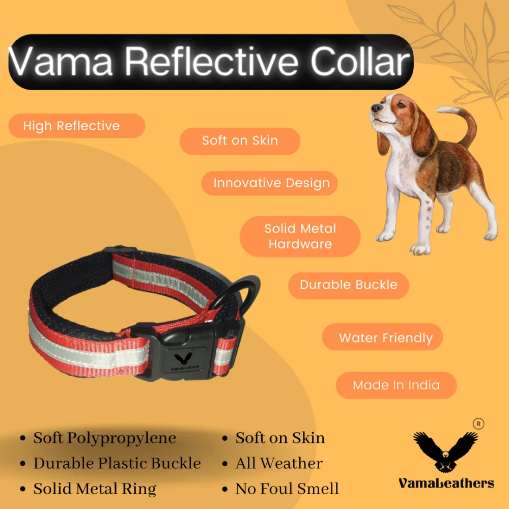 Vama Leathers Night Visible Reflective All Weather Everyday Collar for Dogs (Scarlet Red)