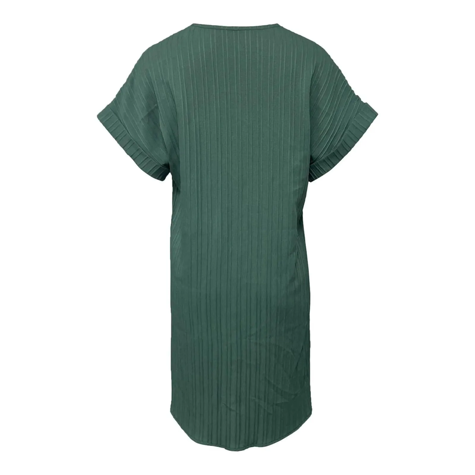 Women's Solid Textured Midi Dress V Neck Short Sleeve With Rolled Edge Pleated Button Loose Dress Summer Casual Female Dresses