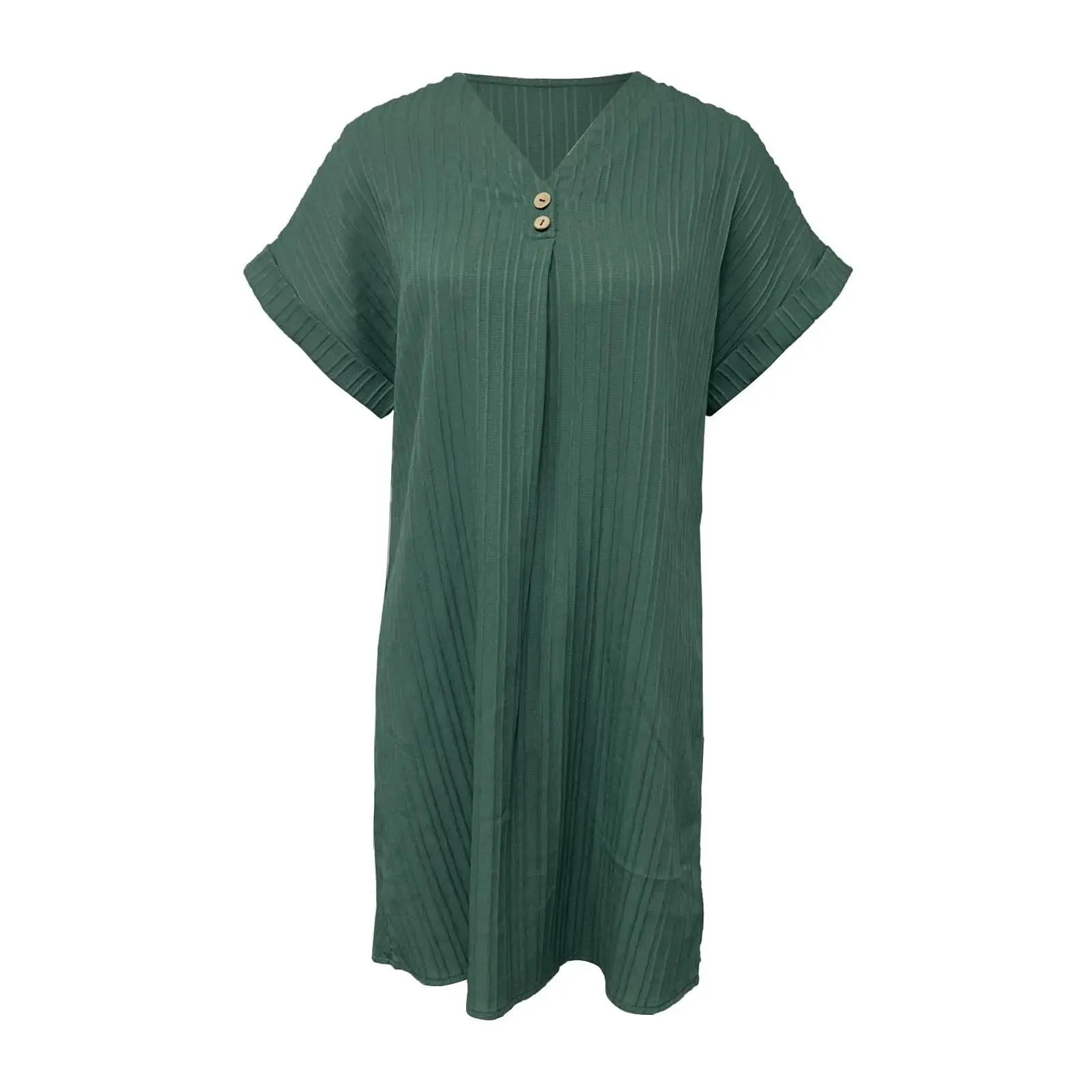 Women's Solid Textured Midi Dress V Neck Short Sleeve With Rolled Edge Pleated Button Loose Dress Summer Casual Female Dresses